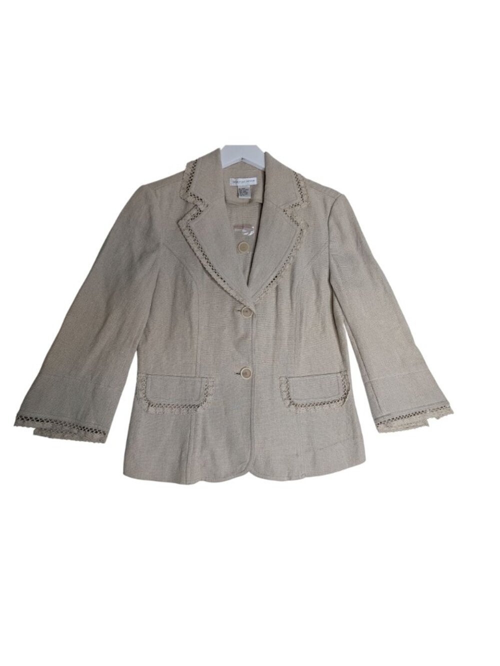 New Beige Linen Cotton Blend Lace Trim Blazer Jacket 3/4 Sleeves Newport News Si - Picture 2 of 13
